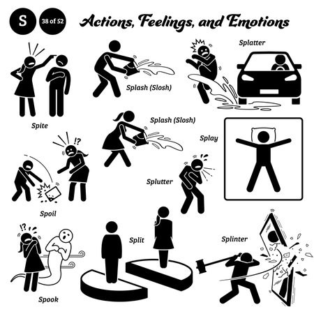 Stick figure human people man action, feelings, and emotions icons alphabet S. Spite, splash, slosh, splatter, spoil, splutter, splay, spook, split, and splinter.のイラスト素材