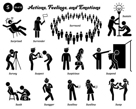 Stick figure human people man action, feelings, and emotions icons alphabet S. Surprised, surrender, surround, sustain, survey, suspect, suspicious, suspend, swab, swagger, swallow, and swap.のイラスト素材