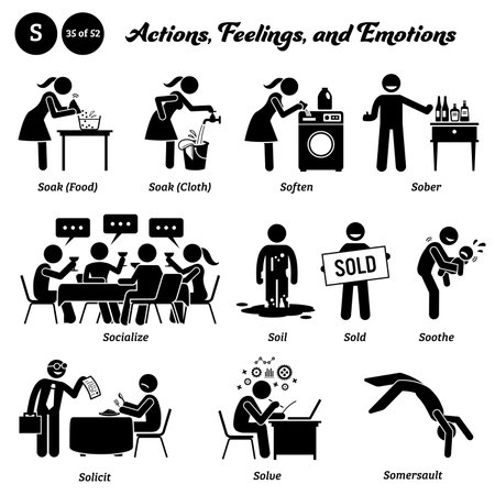 Stick figure human people man action, feelings, and emotions icons alphabet S. Soak, food, cloth, soften, sober, socialize, soil, sold, soothe, solicit, solve, and somersault.のイラスト素材