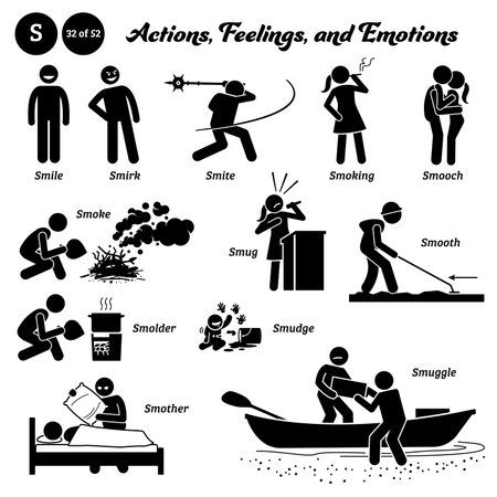 Stick figure human people man action, feelings, and emotions icons alphabet S. Smile, smirk, smite, smoking, smooch, smoke, smolder, smug, smudge, smooth, smother, and smuggle.のイラスト素材