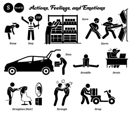 Stick figure human people man action, feelings, and emotions icons alphabet S. Stoop, stop, store, storm, stow, straddle, strain, straighten, hair, strangle, and strap.のイラスト素材