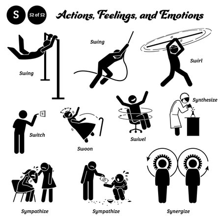 Stick figure human people man action, feelings, and emotions icons alphabet S. Swing, swirl, switch, swoon, swivel, synthesize, sympathize, and synergize.のイラスト素材
