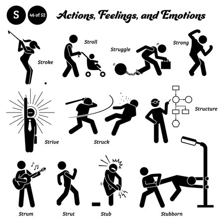 Stick figure human people man action, feelings, and emotions icons alphabet S. Stroke, stroll, struggle, strong, strive, struct, structure, strum, strut, stub, and stubborn.のイラスト素材