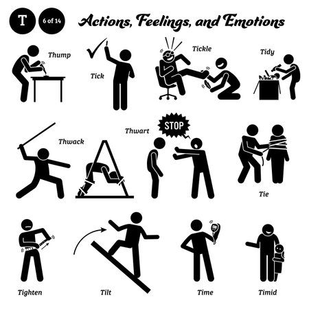 Stick figure human people man action, feelings, and emotions icons alphabet T. Thump, tick, tickle, tidy, thwack, thwart, tie, tighten, tilt, time, and timid.のイラスト素材