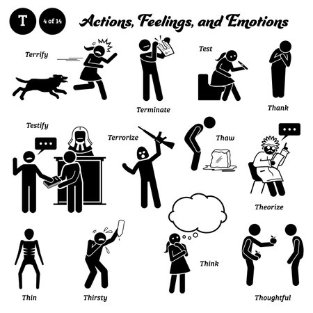 Stick figure human people man action, feelings, and emotions icons alphabet T. Terrify, terminate, test, thank, testify, terrorize, thaw, theorize, thin, thirsty, think, and thoughtful.のイラスト素材