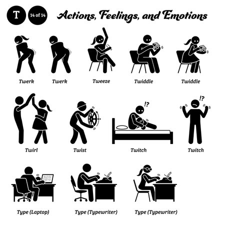 Stick figure human people man action, feelings, and emotions icons alphabet T. Twerk, tweeze, twiddle, twirl, twist, twitch, type, laptop, and typewriter.のイラスト素材