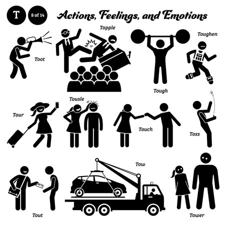 Stick figure human people man action, feelings, and emotions icons alphabet T. Toot, topple, tough, toughen, tour, tousle, touch, toss, tout, tow, and tower.のイラスト素材