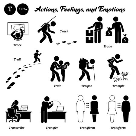 Stick figure human people man action, feelings, and emotions icons alphabet T. Trace, track, trade, trail, train, traipse, trample, transcribe, transfer, and transform.のイラスト素材