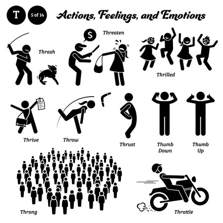 Stick figure human people man action, feelings, and emotions icons alphabet T. Thrash, threaten, thrilled, thrive, throw, thrust, thumb down, thumb up, throng, and throttle.のイラスト素材