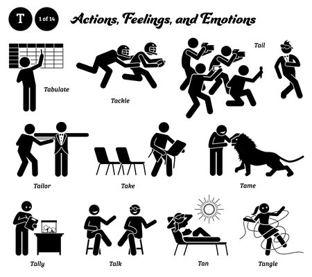 Stick figure human people man action, feelings, and emotions icons alphabet T. Tabulate, tackle, tail, tailor, take, tame, tally, talk, tan, and tangle.のイラスト素材