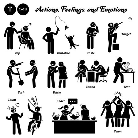 Stick figure human people man action, feelings, and emotions icons alphabet T. Tap, tantalize, taste, target, task, tattle, tattoo, tear, taunt, teach, and team.のイラスト素材