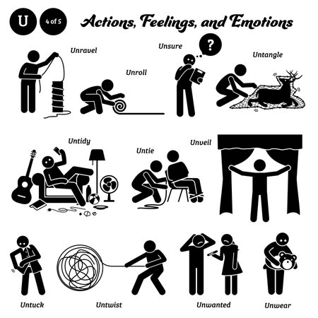 Stick figure human people man action, feelings, and emotions icons alphabet U. Unravel, unroll, unsure, untangle, untidy, untie, unveil, untuck, untwist, unwanted, and unwear.のイラスト素材