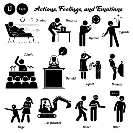 Stick figure human people man action, feelings, and emotions icons alphabet U. Unwind, unwrap, update, upgrade, uphold, upset, urinate, urge, use, utilize, usher, and utter.のイラスト素材