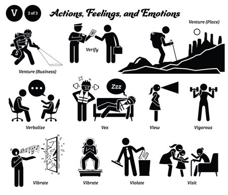 Stick figure human people man action, feelings, and emotions icons alphabet V. Venture, business, place, verify, verbalize, vex, view, vigorous, vibrate, violate, and visit.のイラスト素材