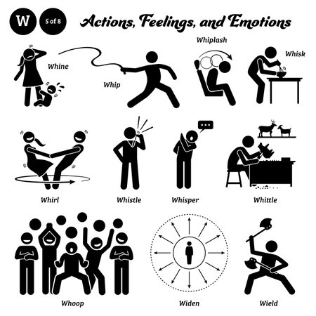 Stick figure human people man action, feelings, and emotions icons alphabet W. Whine, whip, whiplash, whisk, whirl, whistle, whisper, whittle, whoop, wide, and wield.のイラスト素材