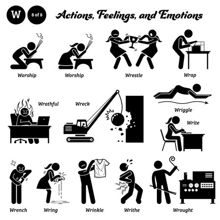 Stick figure human people man action, feelings, and emotions icons alphabet W. Worship, wrestle, wrap, wrathful, wreck, wriggle, write, wrench, wring, wrinkle, writhe, and wrought.のイラスト素材