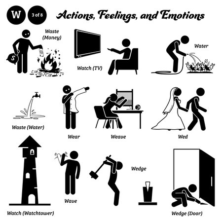 Stick figure human people man action, feelings, and emotions icons alphabet W. Waste, money, water, watch, watchtower, TV, wear, weave, wed, wave, wedge, and door.のイラスト素材