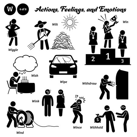 Stick figure human people man action, feelings, and emotions icons alphabet W. Wiggle, wilt, win, wish, wipe, withdraw, wind, wink, wince, and withhold.のイラスト素材