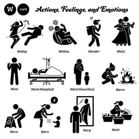 Stick figure human people man action, feelings, and emotions icons alphabet W. Wallop, wallow, wander, waltz, want, ward, hospital, guardian, warm, warn, warp, and wash.のイラスト素材