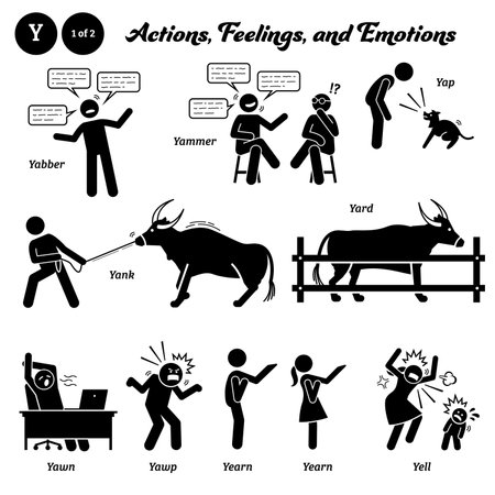 Stick figure human people man action, feelings, and emotions icons alphabet Y. Yabber, yammer, yard, yap, yank, yard, yawn, yawp, yearn, and yell.のイラスト素材