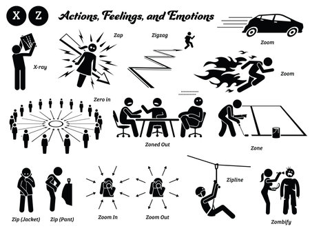 Stick figure human people man action, feelings, and emotions icons alphabet Z.のイラスト素材