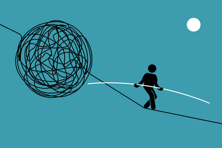 Person successfully walk over a chaotic and dangerous tightrope challenge. Vector illustrations clip art depicts concept of effort, success, daring, risk, difficult, and balance.のイラスト素材