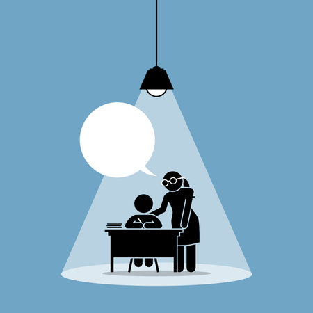 Teacher teaching a child in a one to one tuition session. Vector illustrations clip art depicts concept of study, learning, education, development, dedication, motivation, nurture, and cultivation.のイラスト素材