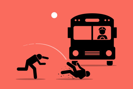 Illustrazione per Throw someone under the bus. Vector illustrations clip art depicts concept of betrayal, sacrificial, exploitation, blame, undermine, vilify, and scapegoat. - Immagini Royalty Free