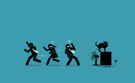 Shit hit the fan. Vector illustrations clip art depicts concept of company business havoc, issue, problem, disorder, chaos, crisis, and disarray.  People running away to avoid the feces flying around.のイラスト素材