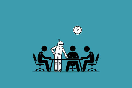 People getting AI artificial intelligence robot to help and give guidance in office work. Vector illustration depicts concept of chat bot, future technology, robot assistance, and android leader.のイラスト素材