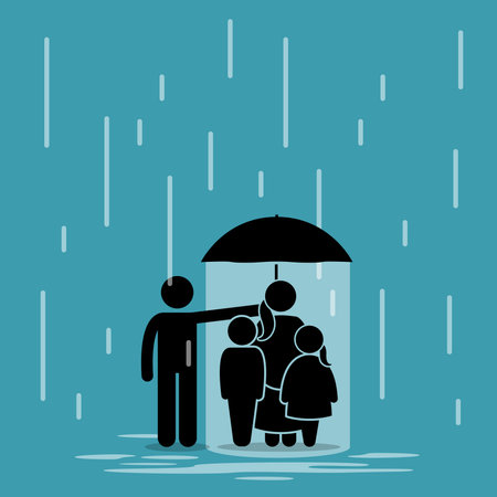 Father holding an umbrella sheltering his family from rain while sacrificing himself wet outside the umbrella. Vector illustration depicts concept of love, sacrifice, devotion, guardian, and care.のイラスト素材