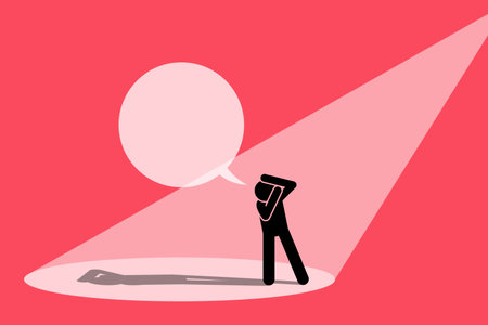 Person trying to avoid limelight and covering his eyes from glaring spotlight. Vector illustration  depicts concept of infamous, reject fame, shy away from public interest, and unwanted attention.のイラスト素材