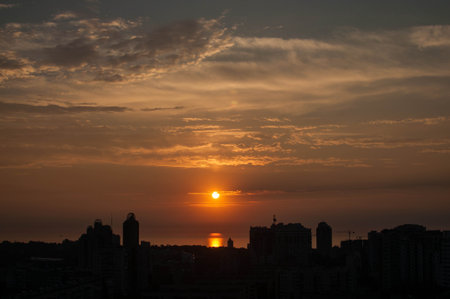 Sunrise over modern office buildings in business district center of Odesa.の写真素材