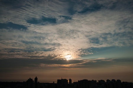 Sunrise over modern office buildings in business district center of Odesa.の写真素材