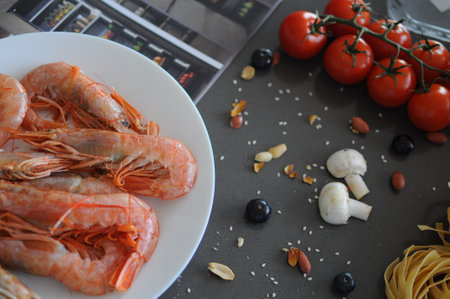 shrimp spicy prawn seafood meal vegetarian food pescetarian diet Asian Cooking snack copy space food background rustic. top view . High quality photoの写真素材