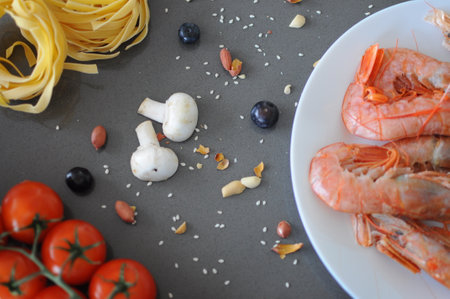 shrimp spicy prawn seafood meal vegetarian food pescetarian diet Asian Cooking snack copy space food background rustic. top view . High quality photoの写真素材