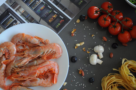 shrimp spicy prawn seafood meal vegetarian food pescetarian diet Asian Cooking snack copy space food background rustic. top view . High quality photoの写真素材