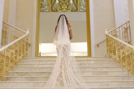 young beautiful bride in a wedding dress with open shoulders and a crown on her head is lying on stone stairs, fashion shot under harsh sunlight. High quality photoの写真素材
