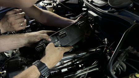 Auto mechanic working in garage. Repair service. High quality photoの写真素材