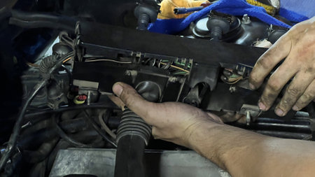 Auto mechanic working in garage. Repair service. High quality photoの写真素材