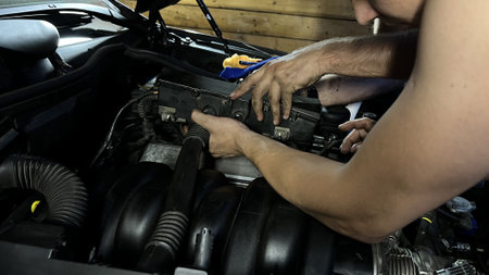 Auto mechanic working in garage. Repair service. High quality photoの写真素材