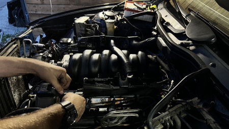 Auto mechanic working in garage. Repair service. High quality photoの写真素材