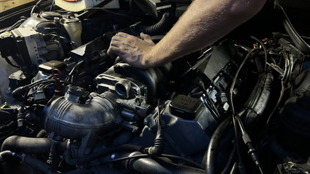 Auto mechanic working in garage. Repair service. High quality photoの写真素材