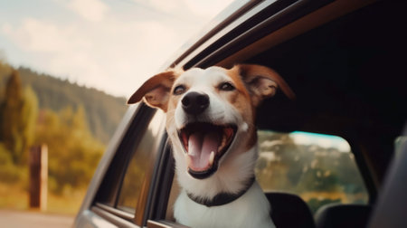 Adorable white fluffy dog puppy looking out the car windowの素材