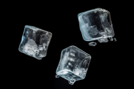 Three ice cubes, isolated on dark black backgroundの素材