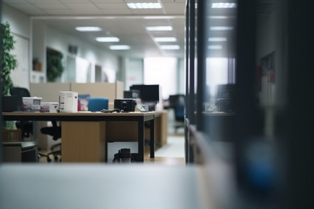 Blurry scene business office background. Lobby reception hall interior or empty indoor foyer meeting room with blurry light from glass wall windowの素材