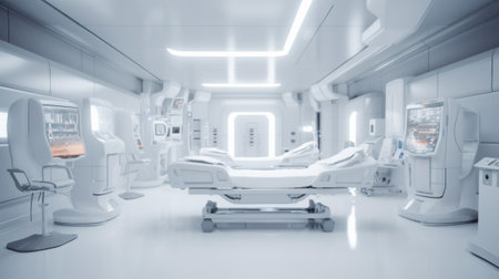 Futuristic white hospital with robots, glass and light. Generated AIの素材