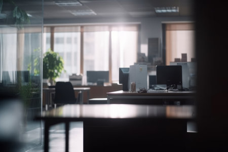 Blurry scene business office background. Lobby reception hall interior or empty indoor foyer meeting room with blurry light from glass wall windowの素材