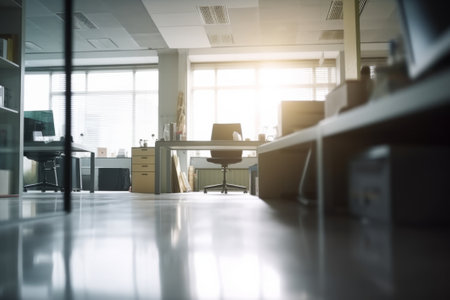 Blurry scene business office background. Lobby reception hall interior or empty indoor foyer meeting room with blurry light from glass wall windowの素材
