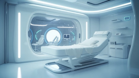 Futuristic white hospital with robots, glass and light. Generated AIの素材